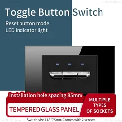 118 Type Black Automatic Reset Toggle Fashionable Tempered Glass Switch Socket American British European Universal Socket