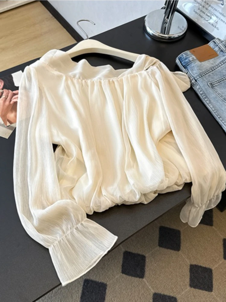 Outono francês elegante fora do ombro chiffon blusa feminina outono manga longa gravata cintura alargamento manga solta ajuste escritório camisa casual