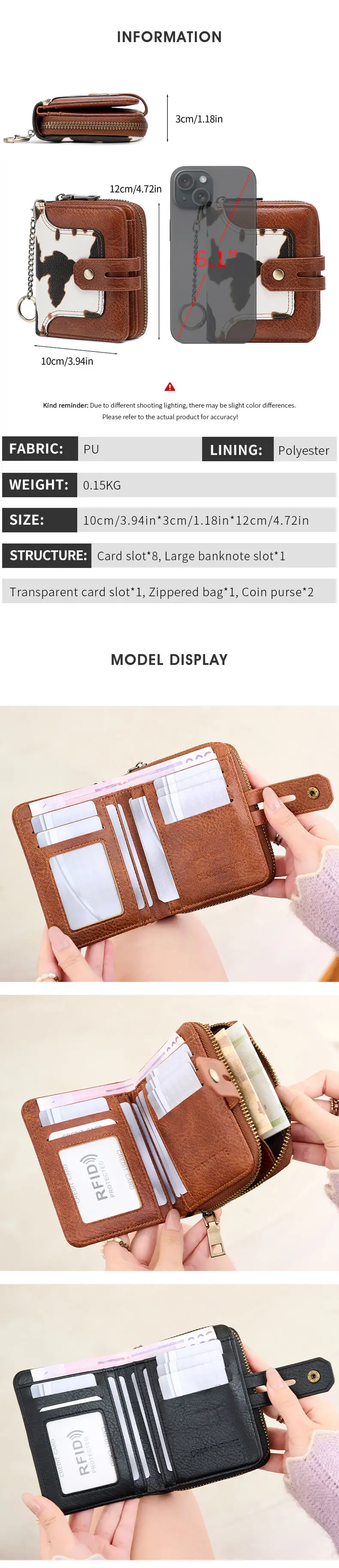 Minimalistische Damen-GeldbörseRFIDShielded Bifold Short Credit Card Holder PULeather Multifunktionale Geldbörse mit Reißverschluss und Schlüsselanhänger – Detail 5