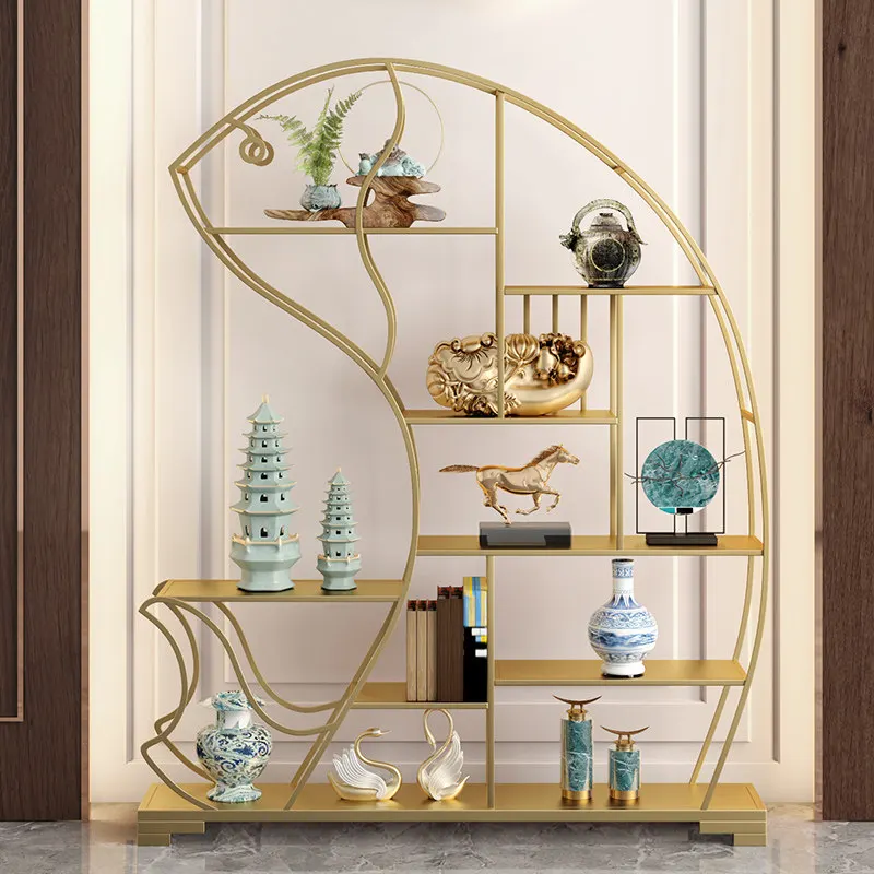 Storage gold wrought iron living room storage rack multi-layer floor baffle shelf bookshelf light luxury golden arowana display