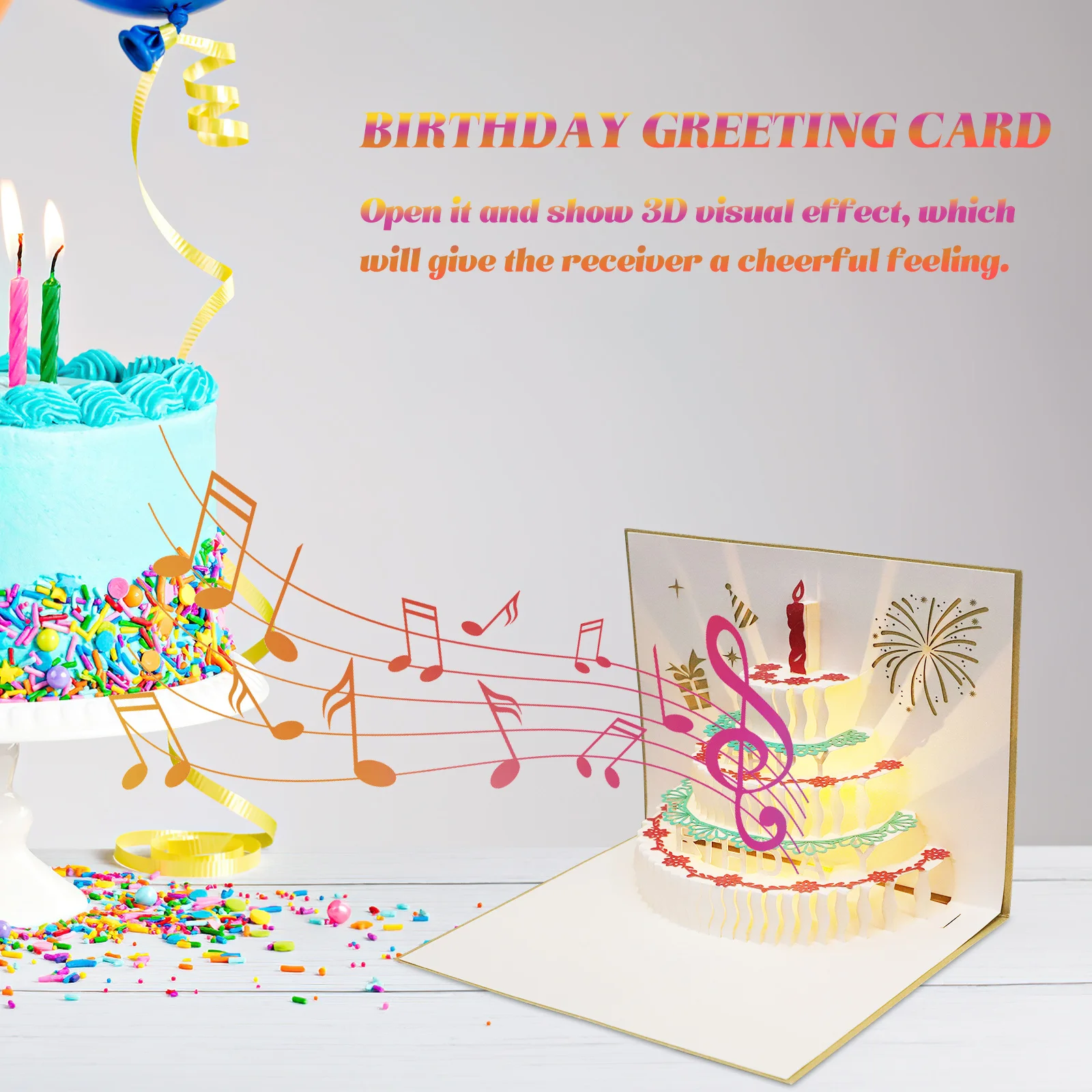 

Music Light Cake Birthday Blessing Cards 3d for Envelope Greeting Golden up Gift