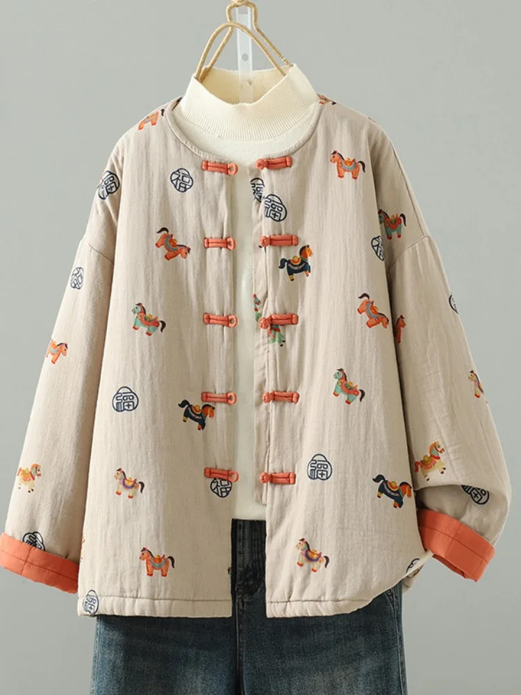 

Thiened Cotton Jaet Chinese Sle round Ne Button Frontal Design Women's Winter Coat Cotton Linen Print Filling Outerwear