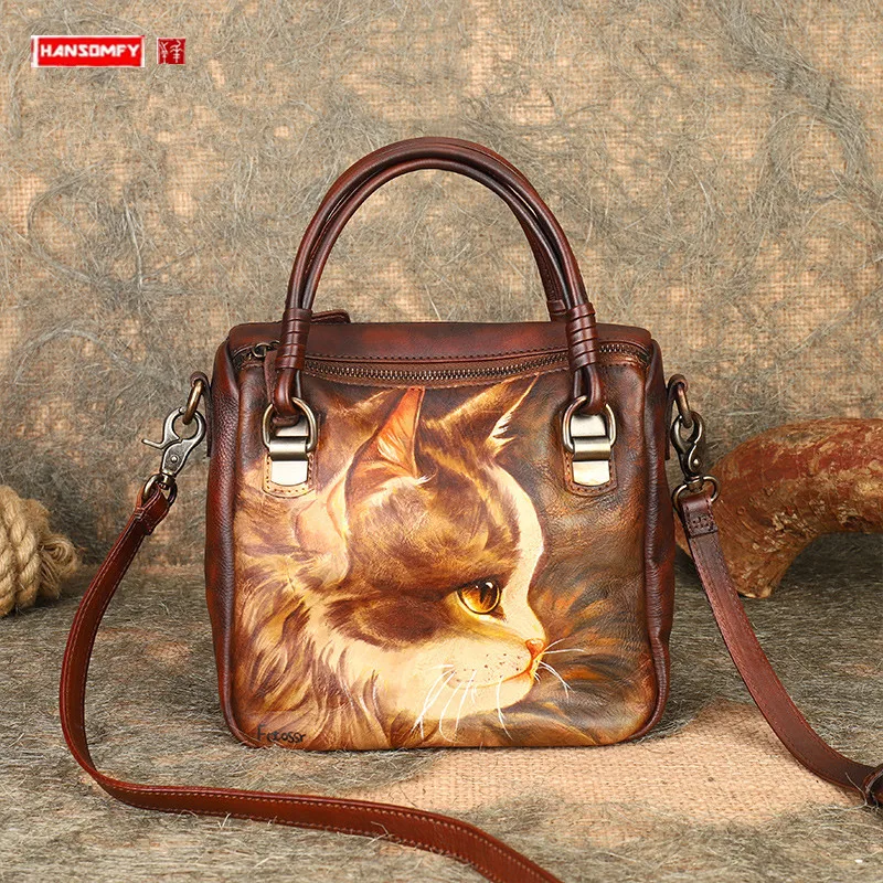 Original Hand-Painted Retro Leather Handbag Large Capacity Shoulder Messenger Bag For Women Fashion