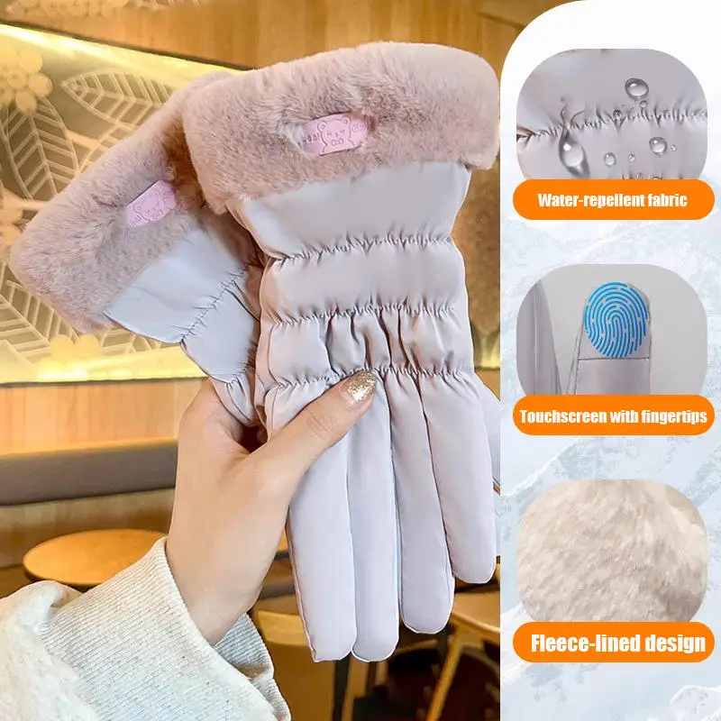 قفازات تزلج دافئة لمنع البرد والثلج للنساء شتاء قطيفة مقاومة للماء تعمل باللمس لركوب الخيل في الهواء الطلق وتسلق الجبال