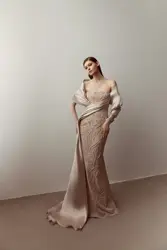 LY48 New Arrival Off The shoulder Champagne Satin Beaded Mermaid  فساتين السهرة vestidos de fiesta  فساتين سهره evening dresses