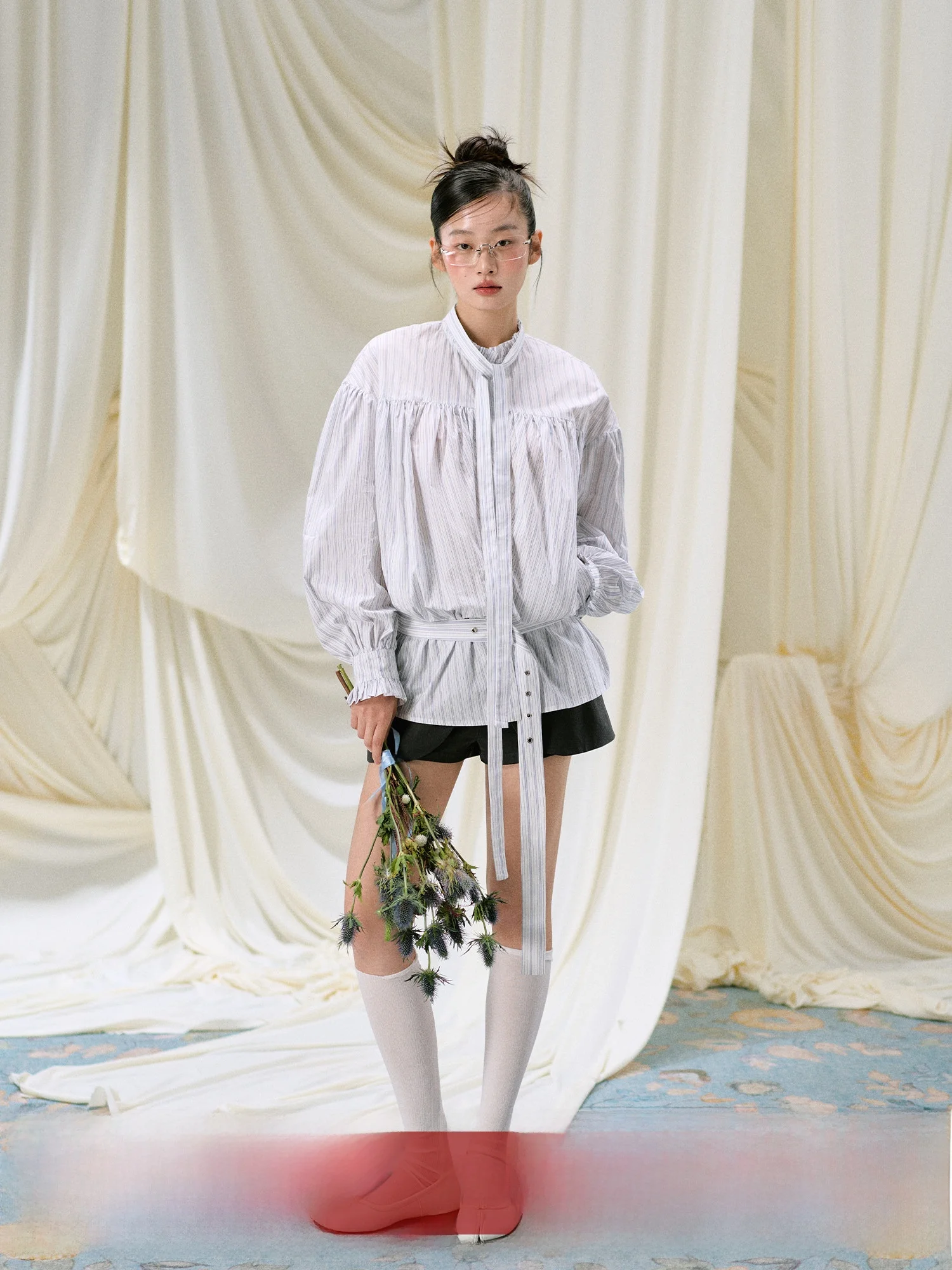 

Ele Wooden irt Women's Loose Flowing Belted Cotton Blend Long Sve Stand Collar Midi Length Striped Pattern