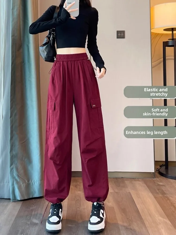 Ankela Red American Style Work Pants Women Early Autumn Straight Leg Wide Leg Loose Cuffed Mountain Sports Pants Women Spring...