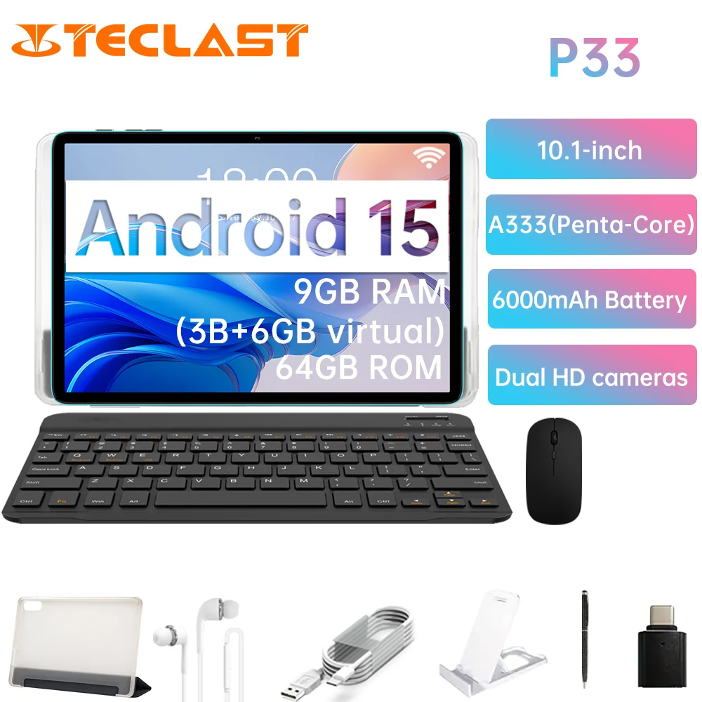 

Teclast P33 new tablet, Android 15 10.1-inch IPS, Allwinner A333 five core, 9GB+64GB，WIFI, with Keyboard & Accessories Bundle