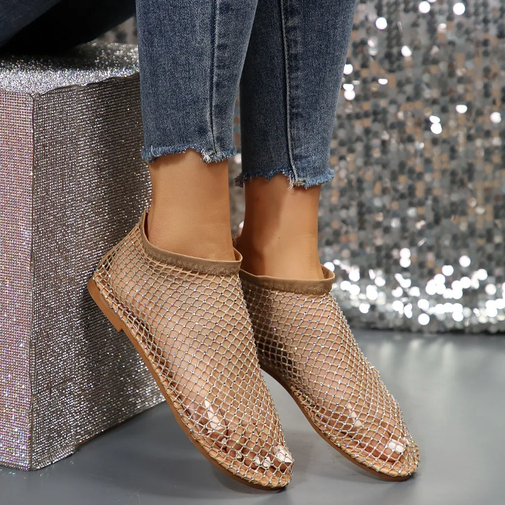 Fashion Holiday Rhinestone Sandal Slipper Non-Slip Flat Shoes Mesh Seaside Sandals Waterproof Shiny Sexy Ankle Boot Summer