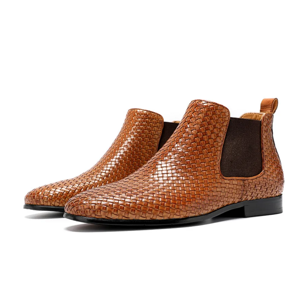 Genuine Full Cowhide Woven Upper High Top Boots for Men Luxury Fashion Casual Leather High Ankle Boots