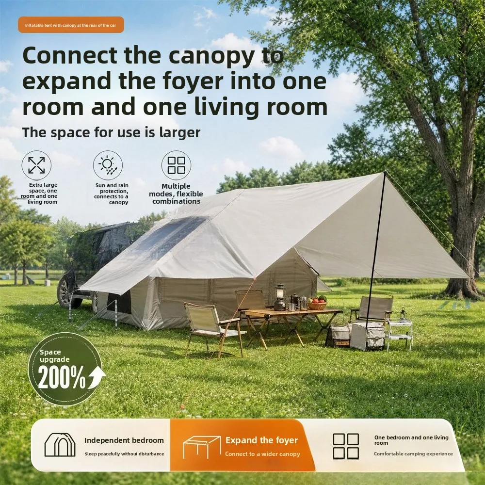 Connect the canopy, expand the foyer, one bedroom and one living room, and inflatable tent at the rear of the car.