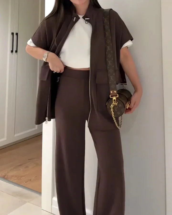 

2026 New Fashion Zipper Jacket + Wide Leg Pants Two-piece Sets Women Spring Casual Loose Top And Pants Suit For Women