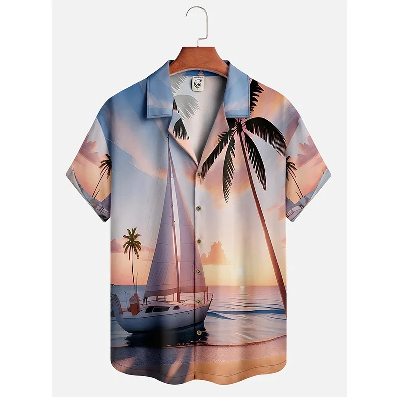 Men's Hawaii Summer Dusk Pattern Casual Shirt 3D Beach Funny Short Sleeve Womens Clothes Blouse New Hot Sale Floral Y2k Tops5XL