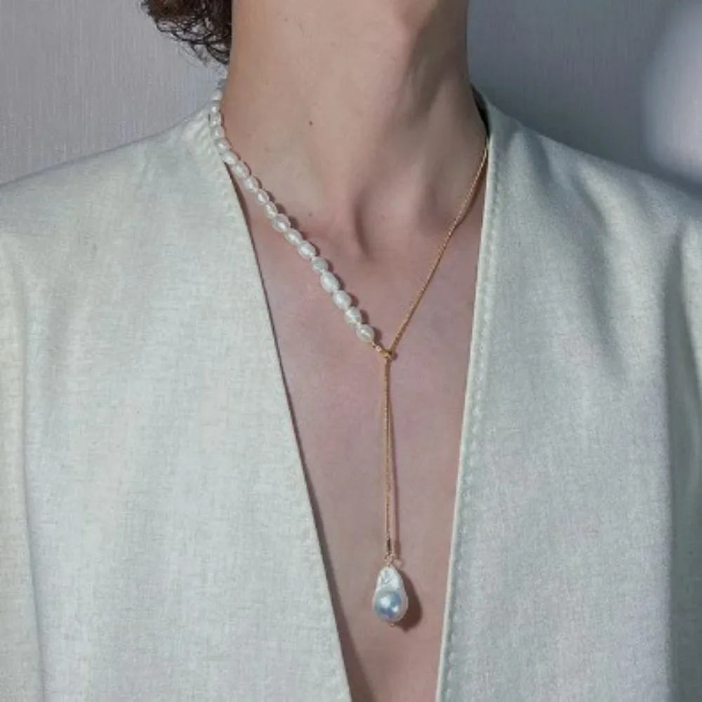 Popular White Natural Pearl Strand Chain Y Shape Necklace Baroque Pearl Pendant Statement Sliding Pull-out Neck Jewelry