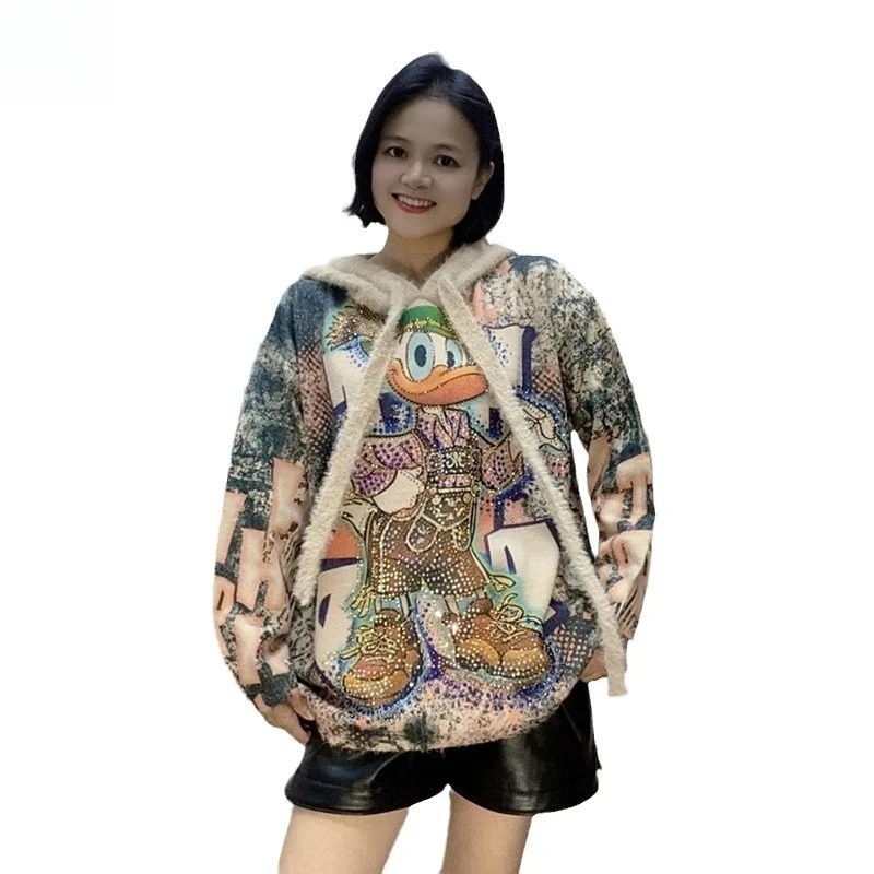 

Donald Duck Oversized Hoodie - Faux Fur Trimmed Heavy-Duty Rhinestone All-Over Distressed Print Fall Winter Trendy Casual Long