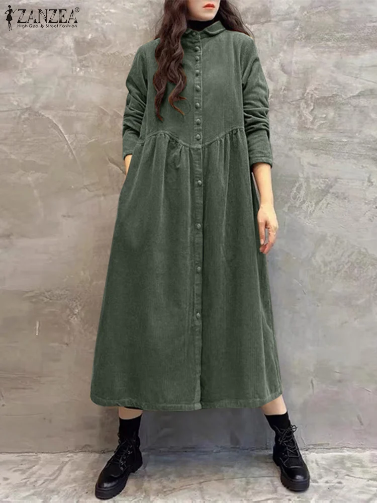 ZANZEA Turn-down Collar Streetwear Midi Dress Women Corduroy Casual Waist-Gathering Button Up Shirt Dress Long Sleeve Vestidos