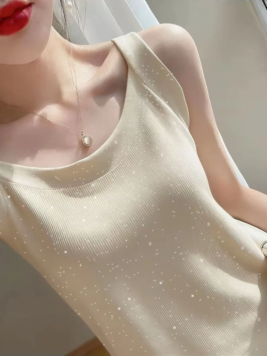

Ice Silk Threaded Summer New Style Small Strap Vest Commute Sleeveless Slimming Top Breathable Polyester Fiber round Neck