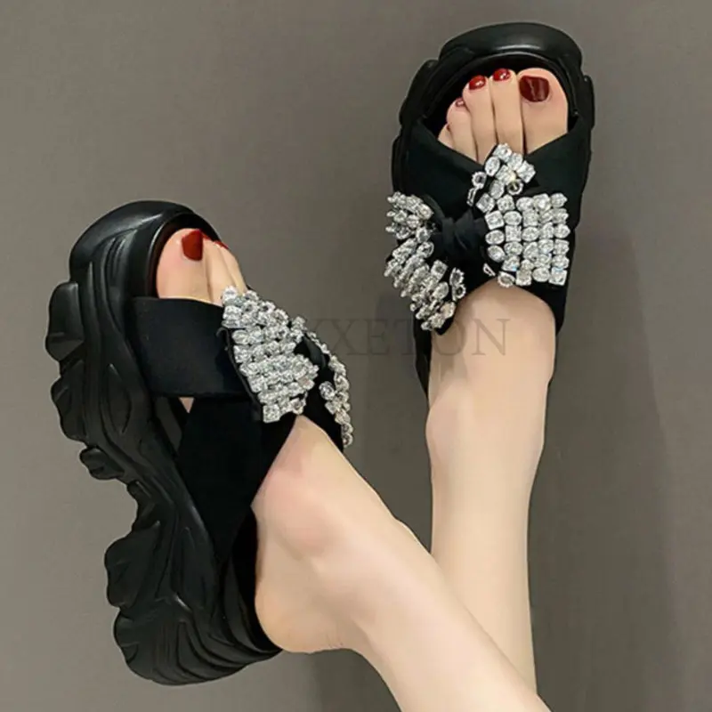 

Summer Women Slippers Platform Leather Slippers Punk Hip-Hop Metal Decorative Mules Chains Thick Bottom Rhinestone Slides