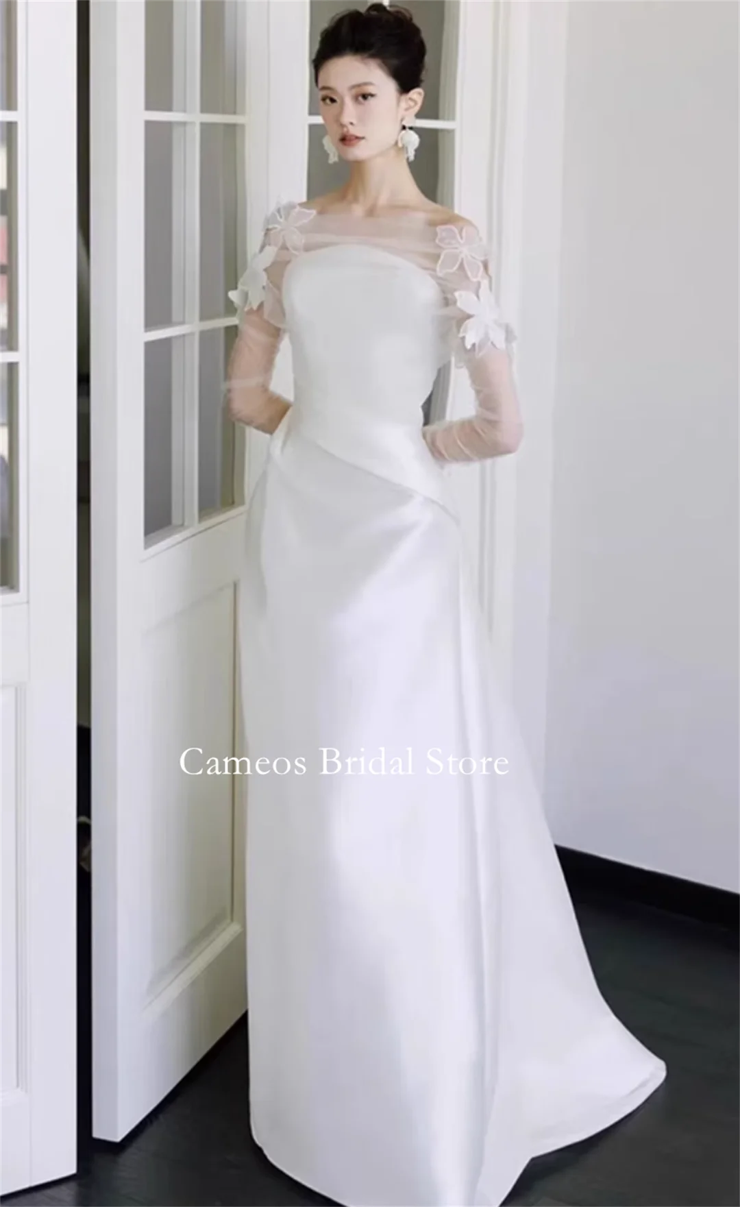 

Colavis Asta Korean Strapless Wedding Dress Custom Made Satin Long Sleeves Bride Dress 웨딩드레스 Photoshoot Wedding Gown Bridal