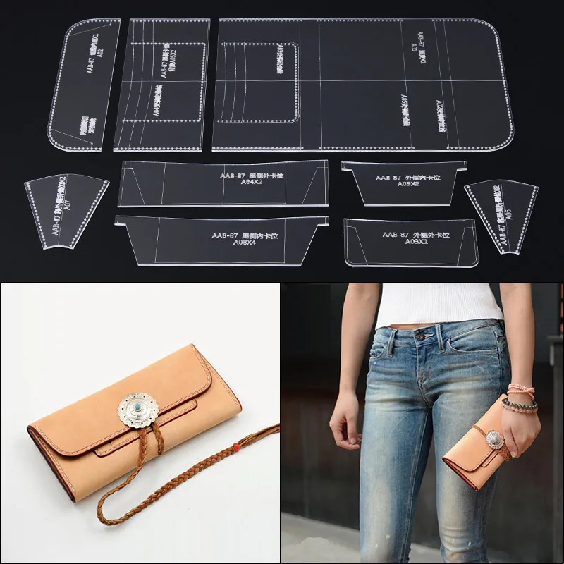 1Set DIY Acrylic Laser Cut Template Leather Handmade Craft Women Long Wallet Hand Bag Sewing Pattern 19*10*2cm