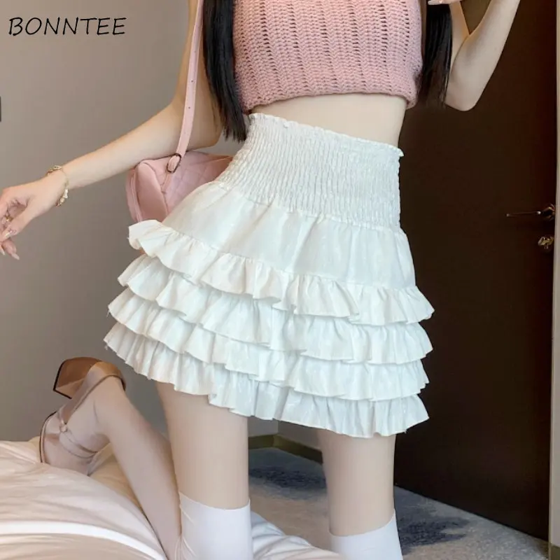 Ruffles Skirts Women Mini Sweet High Waist Lolita Style Ball Gown All-match Solid Age-reducing Ladies Korean Version Temperament