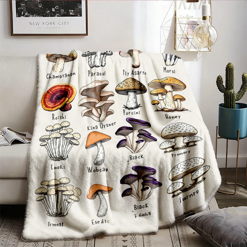 Mushroom Identification Flannel Blanket, Retro Cottagecore Botanical Flannel Throw