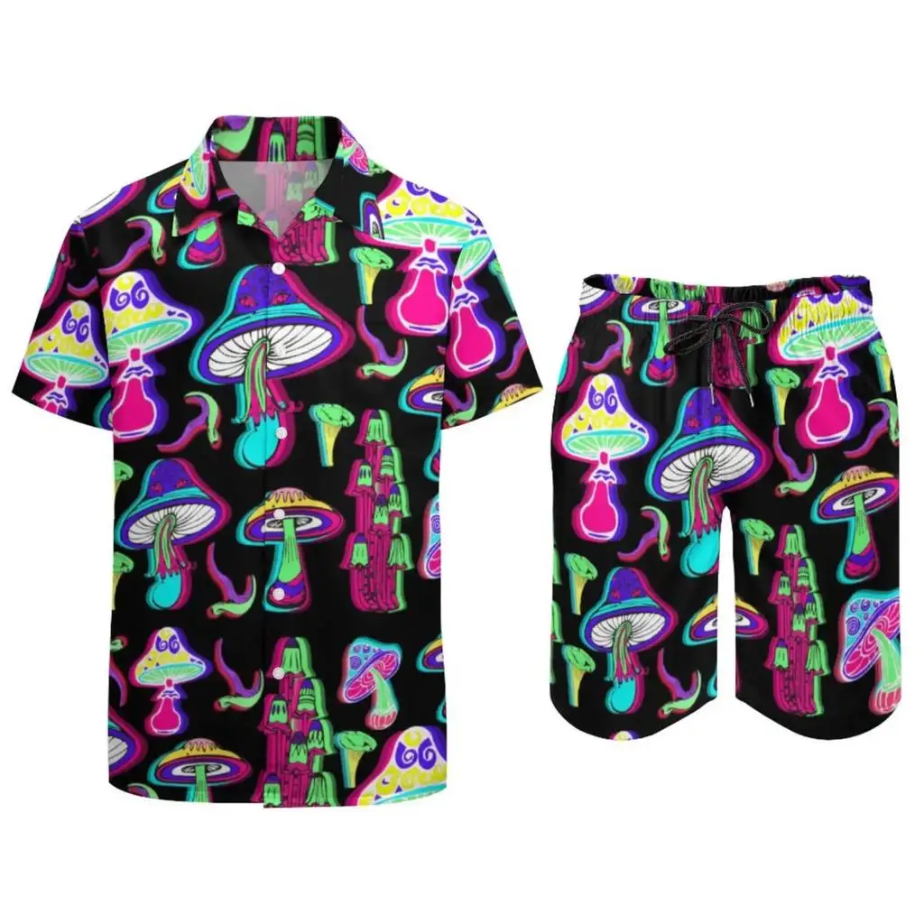 Psychedelic Magic Mushroom Set Printed with 3D Printing Shirt Casual Oversize Beach Shorts 2 Pieces Hawaiian Men\'s Holiday