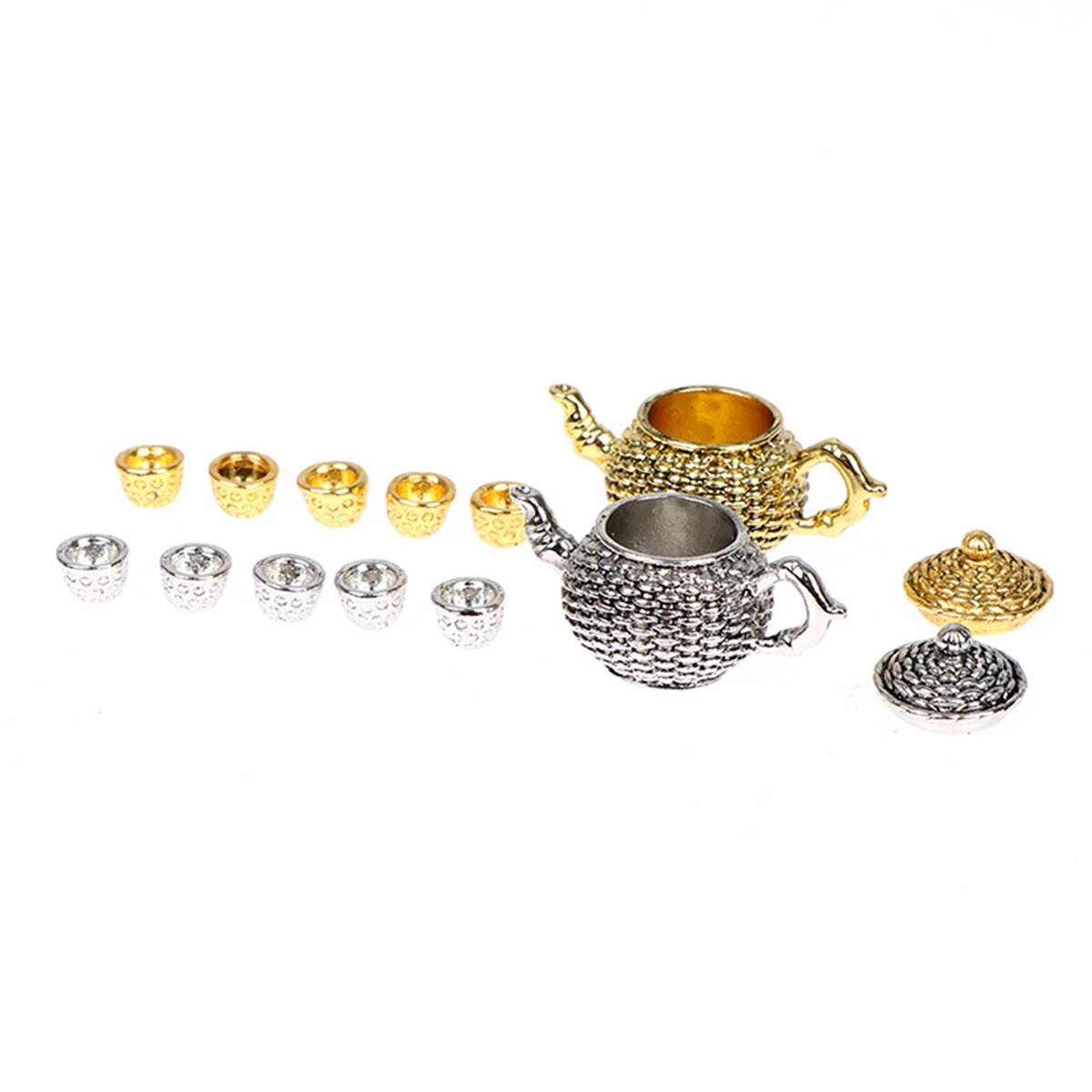 6Pcs 1:12 Dollhouse Miniature Furniture Teapot W/ Lid+5 Cups Dining Ware Set Kitchen DollHouse Decor Accessories Gold