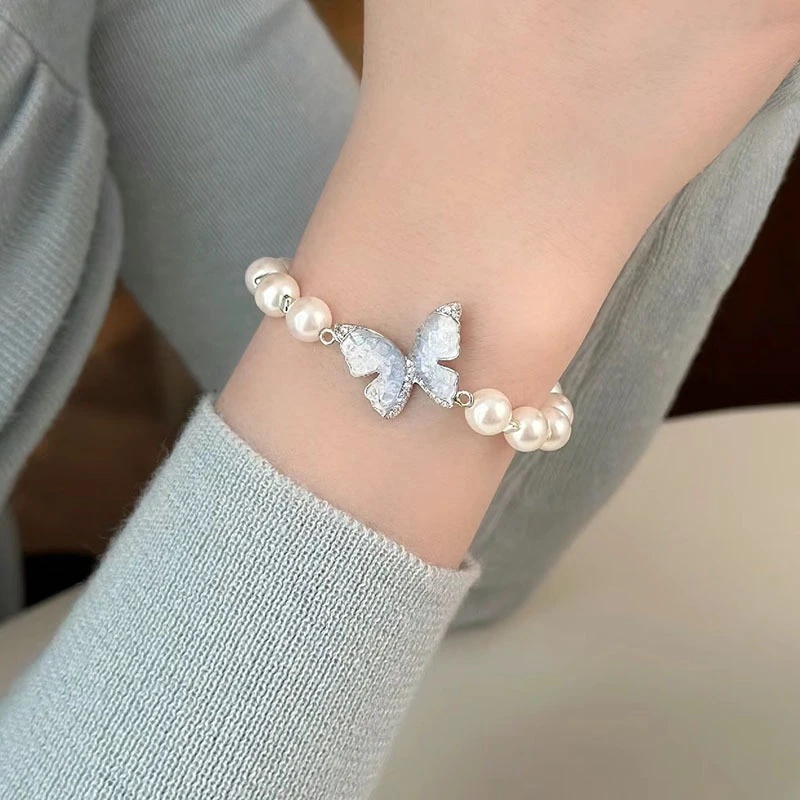 New Fashhion Blue Crystal Butterfly Pearl Bracelet Earrings Ring Necklace for Women Advanced Bilayer Choker Wedding Jewelry Set