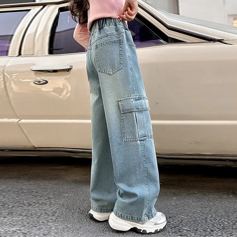

Girls Autumn Cargo Jeans 2025 New Children Spring Loose Pants Kids Casual Wide-legged Trousers Teenager Fashion Clothing 4-14Y