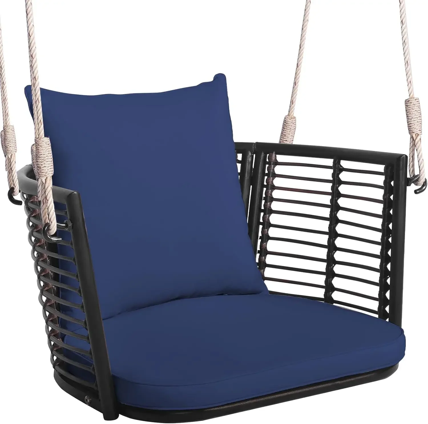

Outdoor Metal Porch Swing, Single Person Hanging Seat w/Woven Rattan Backrest, 2 Sturdy Hanging Ropes,