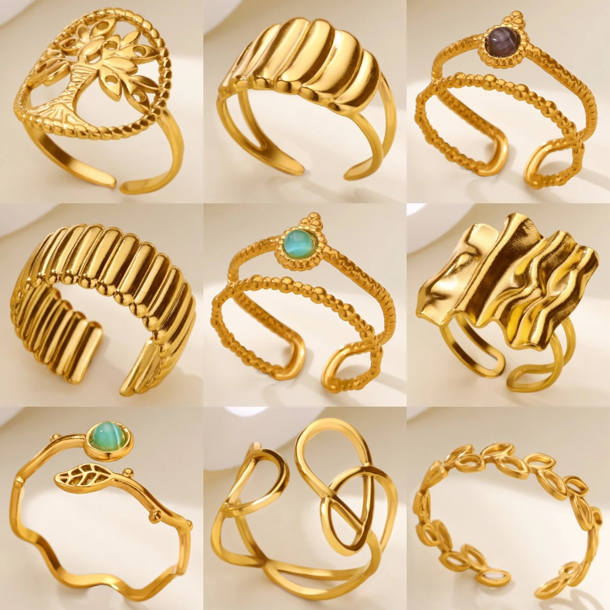 

Gold Plated Stainless Steel Life of Tree Geometry Rings For Women Open Adjustable Exquisite Finger Ring Fashion Jewelry Gift