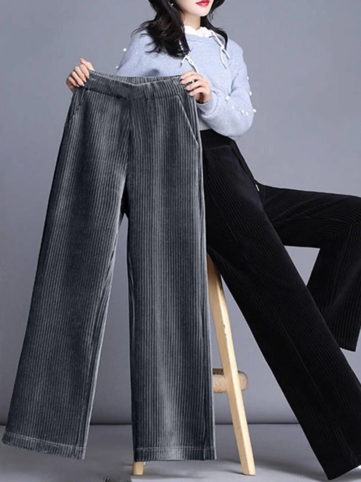 

High Waist Wide Leg Pants Women's Fleece Lined Corduroy Straight Cut Loose plus Size Trousers Autumn Winter Fashion Casual Pants