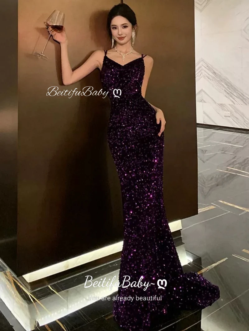 

BeitifuBaby Elegant Evening Party Dress for Women Sexy Sequins Sleeveless Sling Backless Trumpet Skirt Banquet Gown Formal Dress