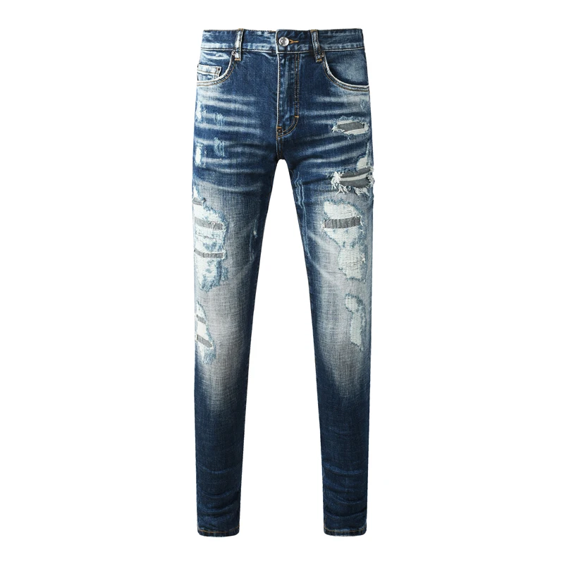 

Y2K High Street Designer Fashion Men Jeans Retro Blue Stretch Slim Fit Hole Patched Ripped Jeans Men Brand Vintage Denim Pants