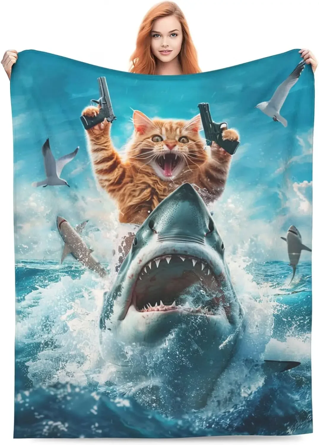 Super Soft Flannel Throw Blanket Funny Cat Shark Attack Ocean Scene Novelty Polyester Bedspread Perfect Home Decor Gift For Kids