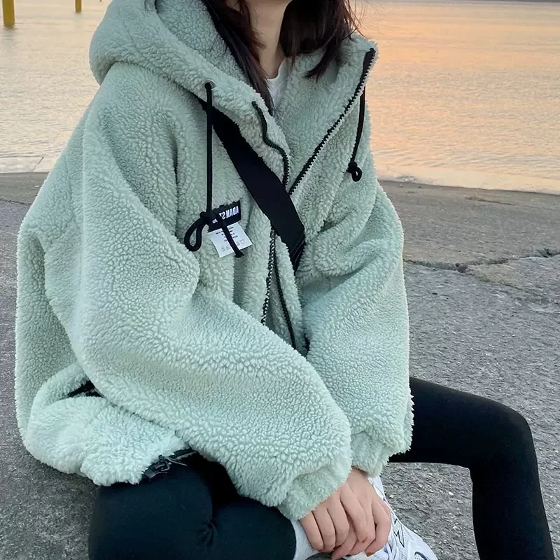 Mint Green Lamb Plush Coat Women\'s 2022 Autumn Winter Plus Velvet Thickening Design Sense Niche Hooded Plush Fleece Cotton Coat