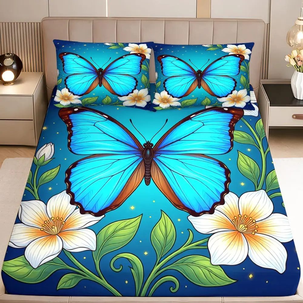 3-Piece Mattress Protector Set with Butterfly Floral Design, Queen King Full Size Bedding Set, Butterfly Floral Fitted Sheet with Pillowcase, Mattress Protector, Stain-Resistant, Suitable for All Seasons, Machine Washable, Easy to Care For, Suitable for Home Bedroom, Essential for Dormitories and Rentals, Master Bedroom Decoration, Dust-Proof and Stain-Resistant, High Elasticity, Fits Various Sizes