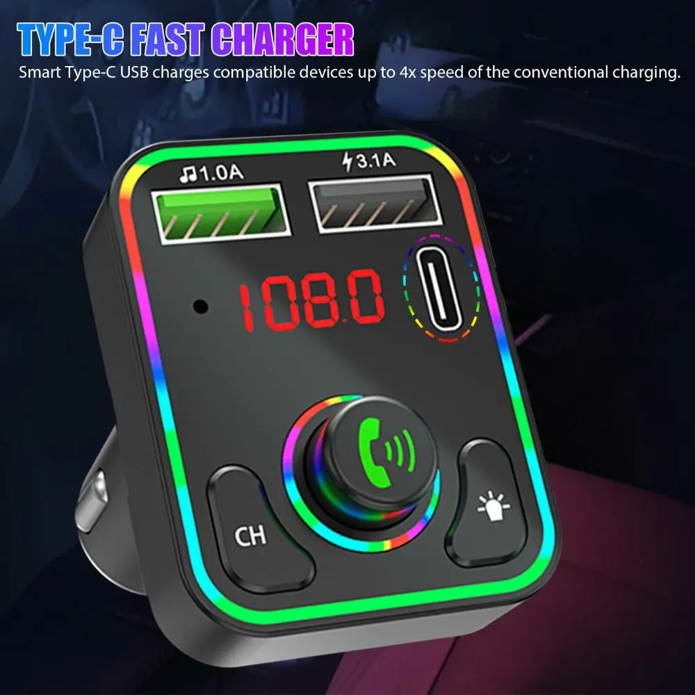 Podofo Fast Charging Bluetooth 5.0 FM Transmitter Dual USB PD Charger Music Player Colorful Ambient MP3 Lighter AUX Hands-Free