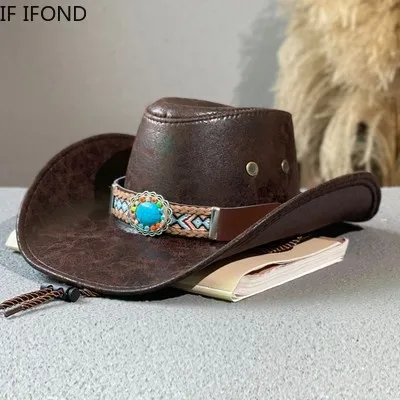 High Quality Faux Leather Western Cowboy Hat For Men Women Autumn Winter Vintage Panama Cowgirl Jazz Hats Sombrero Hombre Caps