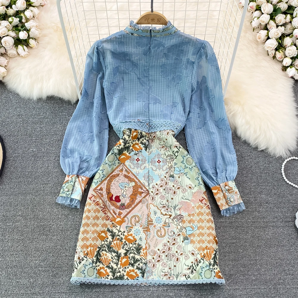 Autumn 2023 Amazing Luxury Light Luxury Celebrity Standing Neck Bubble Long Sleeve Fake Two Piece Slim Fit Wrap Hip Dress