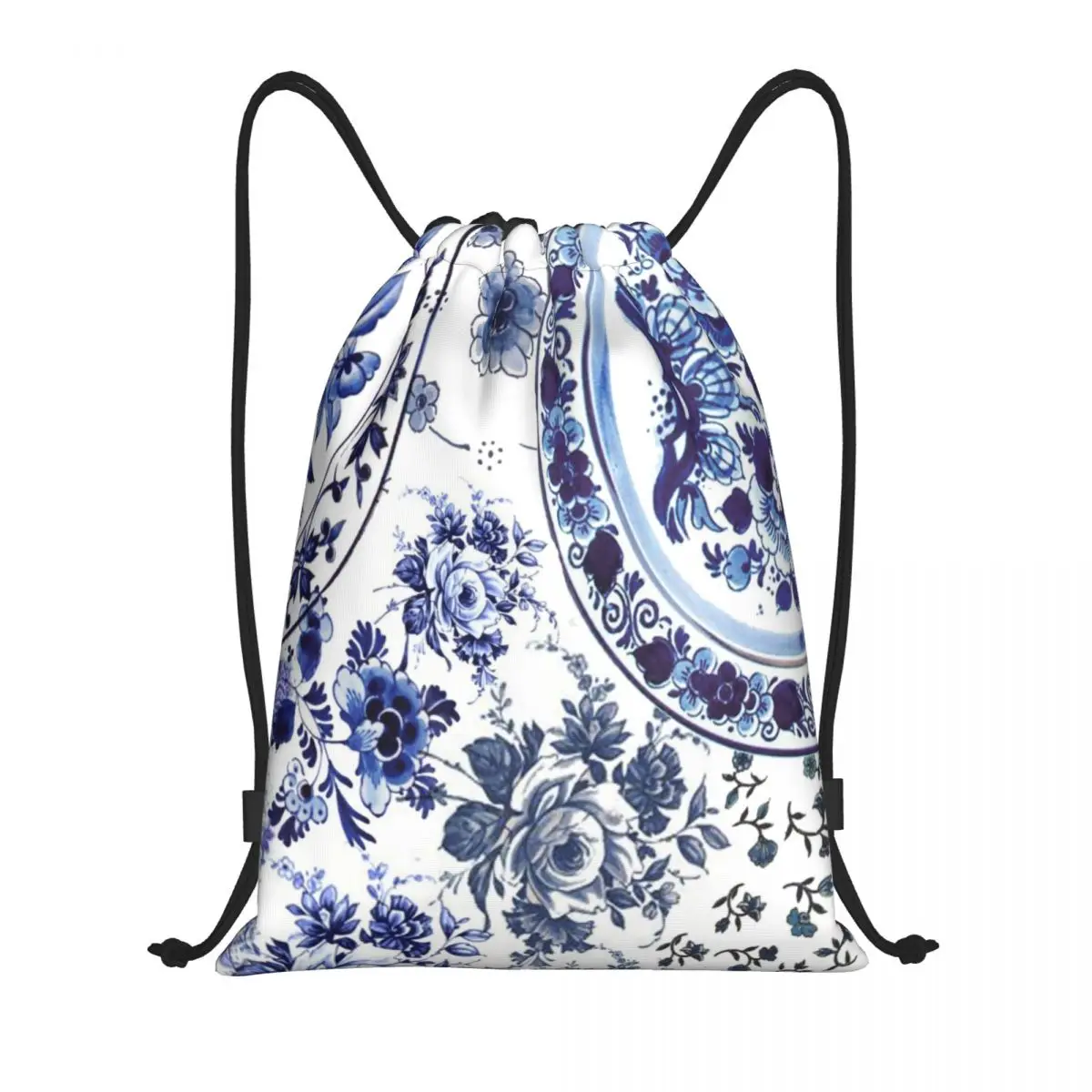 مخصص خمر Delft الأزرق الزهور الخزف طباعة الرباط على ظهره الرياضة حقيبة قاعة رياضة للنساء الرجال الأزهار الفن التدريب كيس