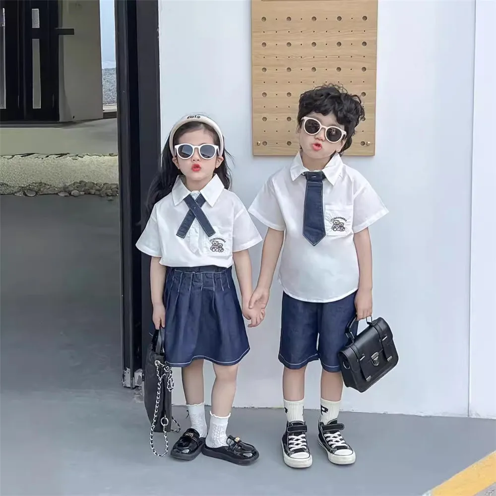 Twins Brother and Sister Matching Outfits Baby Girls Tops + Skirts Two Piece Sets Kids Boys White Shirts + Shorts 2 Piece Suit