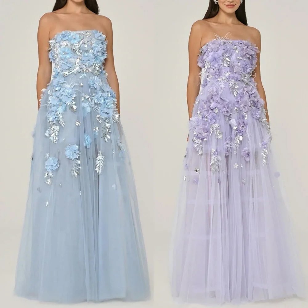  Prom  Net Flower Applique Feather Ruched Quinceanera A-line Strapless Bespoke Occasion Gown Long es