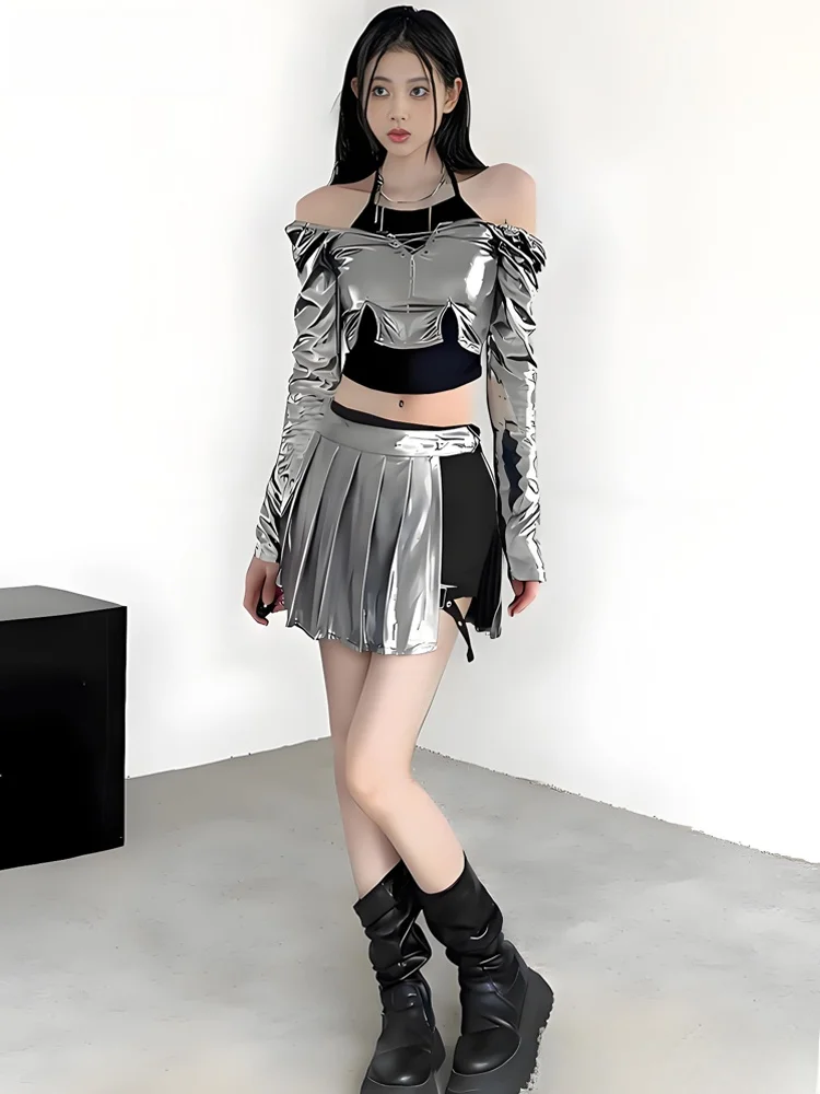 

Sexy Silver Top for K Fem up Jazz Dance Performance orm Live Broaasters Clothing Stage Performance Ethnic Wear