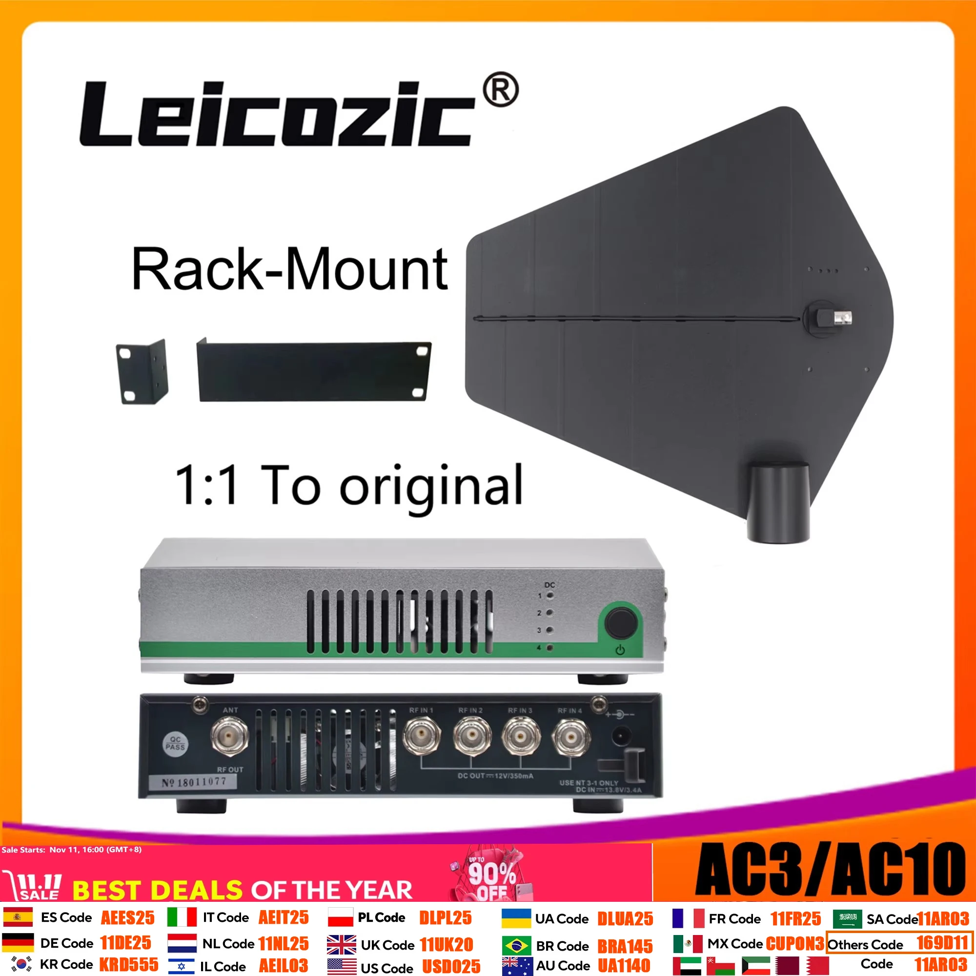 Leicozic AC3 Antenna Combiner & Paddles / AC10 Distribution Amplifier + Active Combiner 450-960Mhz For In Ear Monitor System