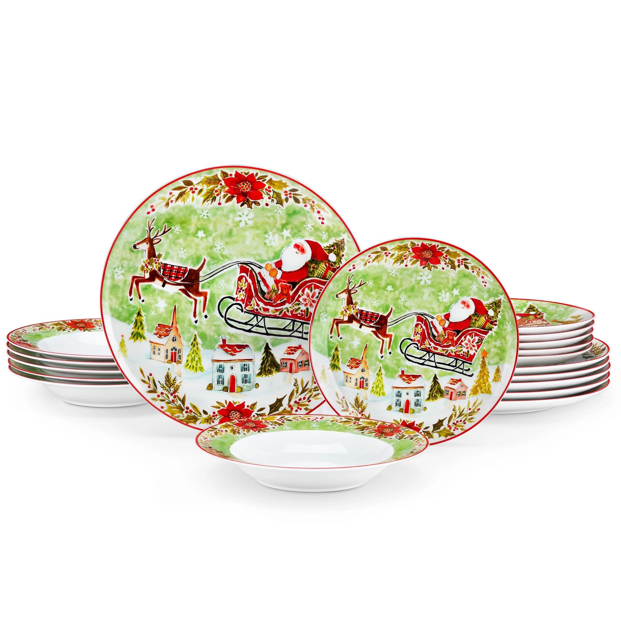 VEWEET 18/36Piece Christmas Dinnerware Plate Santaclaus Elk Style Light Green With 6PCS Dinner Plate/Dessert/Soup Plate for 6