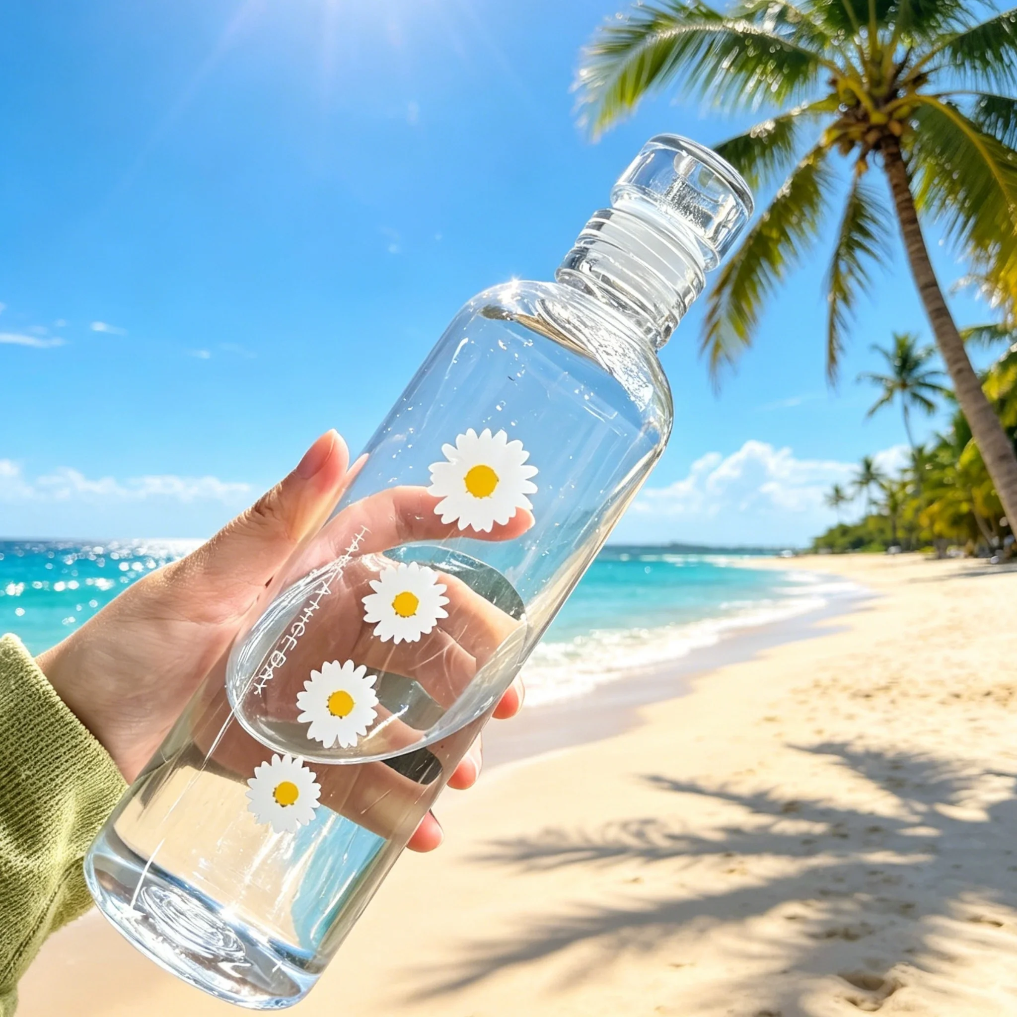 500ML Clear Straight Sip Water Bottle with Bow, Heart & Daisy Prints, Minimalist Large Capacity Leakproof Reusable Cup for Ice D - view 6