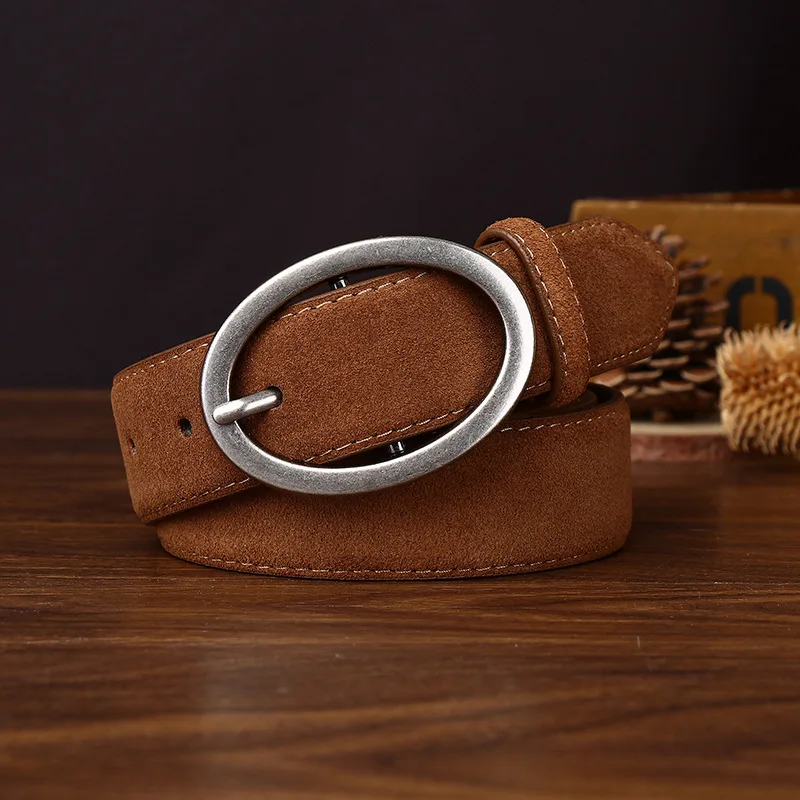 

3.3cm Woman Retro Sliver Color Buckle Suede Belt,Women's Versatile Casual Jeans Fashionable Trend Cowhide Suede Jeans Belt