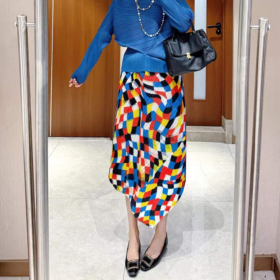 Miyake Irregular Plaid Printed Half Skirt Women's Casual Elastic High Waisted Loose Skirts 2025 Summer New Tide